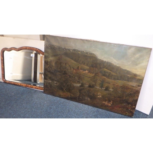 350 - An unframed oil on canvas landscape signed bottom left together with a 1930s framed bevelled mirror ... 