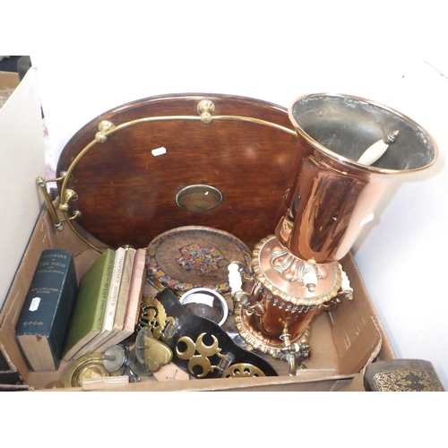 353 - A copper tea urn missing lid together with an oak and brass tray, Family bible etc (2)