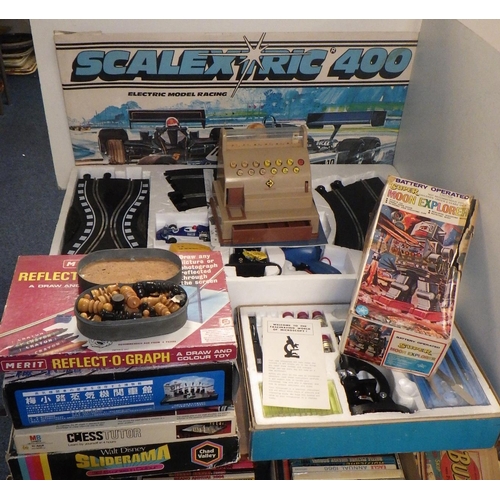 355 - A boxed Scalextric 400 together with further vintage games, moon explorer robot, Japanese Railway di... 