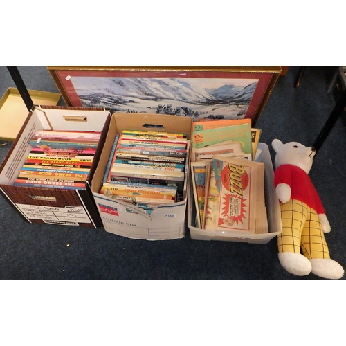 357 - A qty of children’s annuals to inc 15 Beano's etc together with a Rupert teddy bear and an arctic pr... 