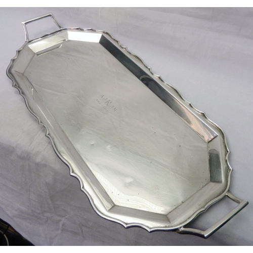 1 - A rectangular two-handled tray / fish platter having a waved edge and Silver Anniversary presentatio... 
