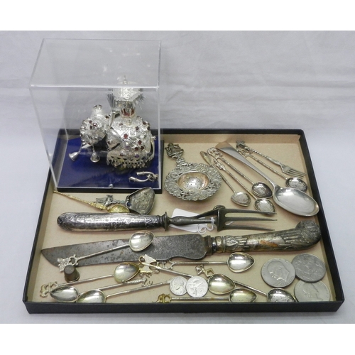 12 - Silver and white metal including spoons and a Continental white metal tea strainer.