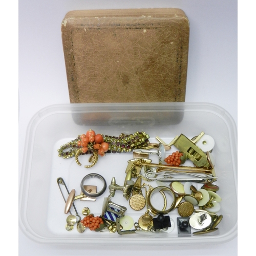 55 - Cufflinks, rings, costume jewellery and fragments incl a qty of yellow metal earring backs and four ... 