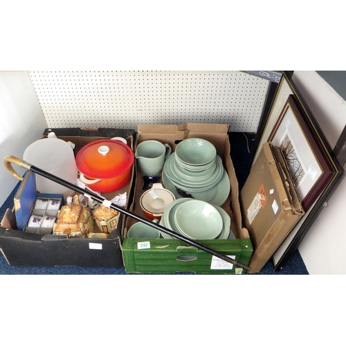 242 - Two boxes of collectables to inc Cottage ware, walking stick, pictures etc (2)