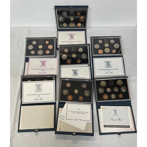 136 - Royal Mint Proof Coin Sets in boxes – 1983, 1984, 1985, 1986, 1987, 1988, 1989 (7)