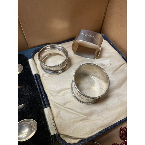 177 - Three silver napkin rings together with further plated ware, six cut glass brandy glasses and a blue... 