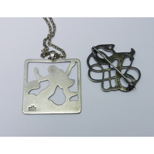 61 - A Volmer Bahner mermaid motif pendant, white metal marked VB Sterling Denmark, 40mm across; a David ... 