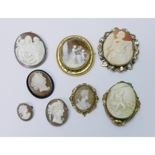 64 - A collection of eight shell carved cameo brooches, 19th cent and later some a/f, various mount metal... 