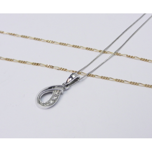 76 - A 9ct yellow gold mixed chain-link fine necklace, 1.5g / 500mm long; a 9ct white gold ribbon twist p... 