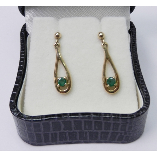 77 - A  pair of 9ct gold droplet earrings each set with a round cut emerald, each 22mm long; a pair of sa... 
