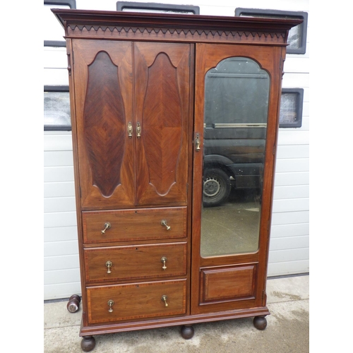 890 - An Edwardian mahogany & satinwood banded wardrobe with  press section, 138cm wide (a/f)