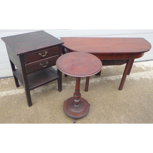 892 - An oak two drawer side table, mahogany single drop leaf table and a circular occasional table (3)