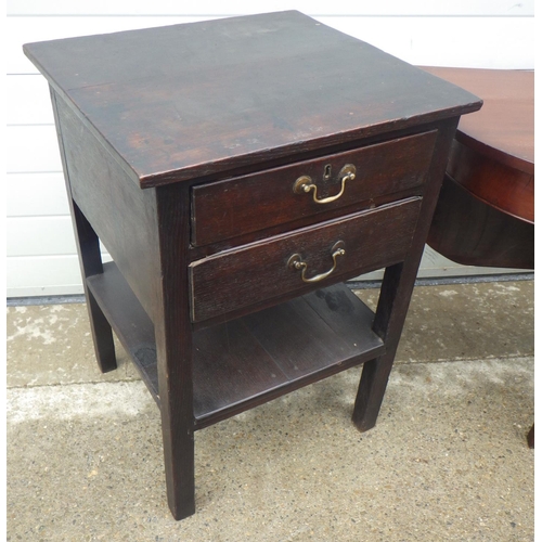 892 - An oak two drawer side table, mahogany single drop leaf table and a circular occasional table (3)