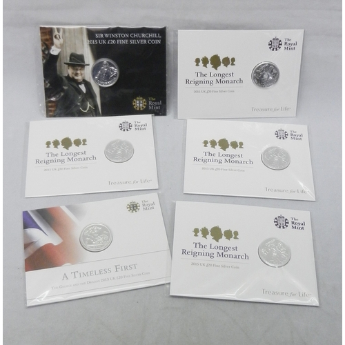 161 - Royal Mint Collectors' Coins: six UK £20 Fine Silver Coins comprising one Timeless First 2013, one C... 