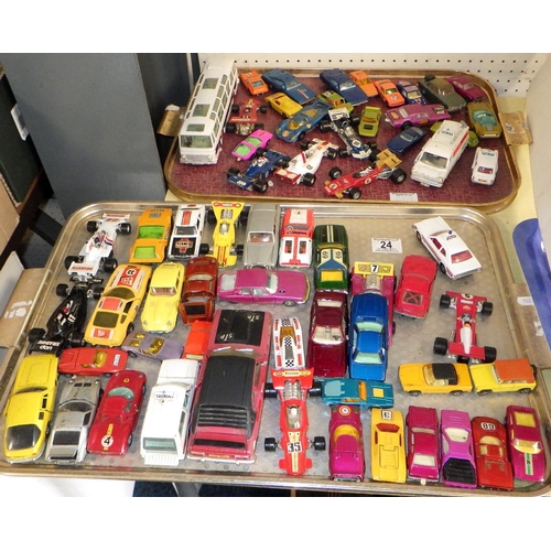 24 - A collection of die-cast toys, most sports and racing cars, Dinky, Corgi etc.  A/F playworn (2)