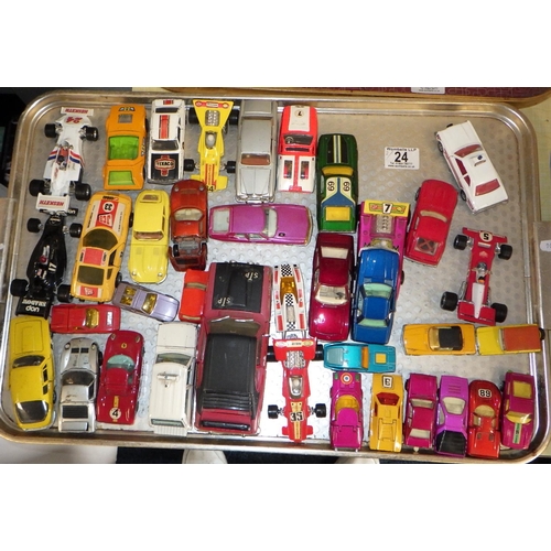 24 - A collection of die-cast toys, most sports and racing cars, Dinky, Corgi etc.  A/F playworn (2)