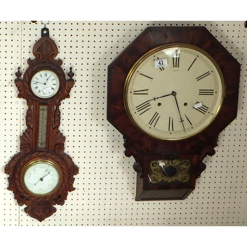 43 - A 19thC American drop dial wall clock together with a carved barometer (2)