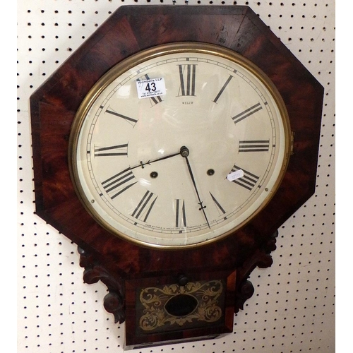 43 - A 19thC American drop dial wall clock together with a carved barometer (2)