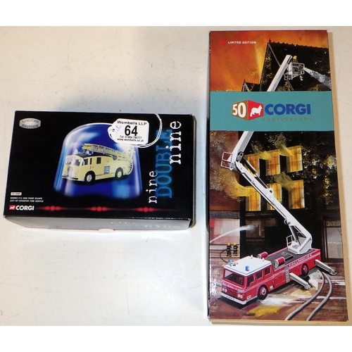 64 - A boxed Simon Snorkel Corgi fire engine together with a Nine Double Nine fire engine (2)