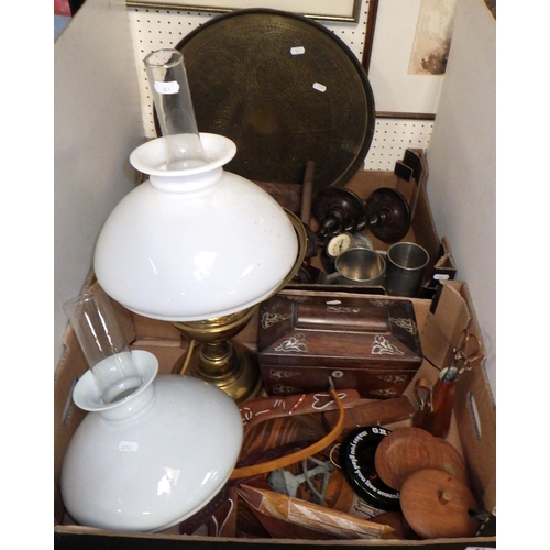 81 - A 19th C tea caddy, converted oil lamp, candlesticks, clocks etc af (2)