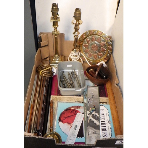 84 - A group of drawing implements, brass lamps, snuff boxes etc