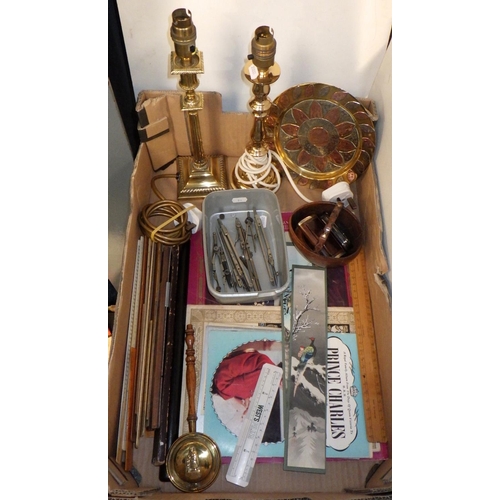 84 - A group of drawing implements, brass lamps, snuff boxes etc