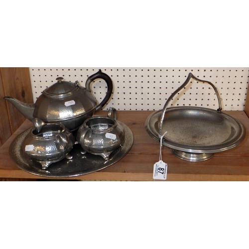 87 - A Civic pewter tea set and an Argent handled serving dish