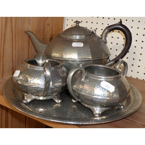 87 - A Civic pewter tea set and an Argent handled serving dish