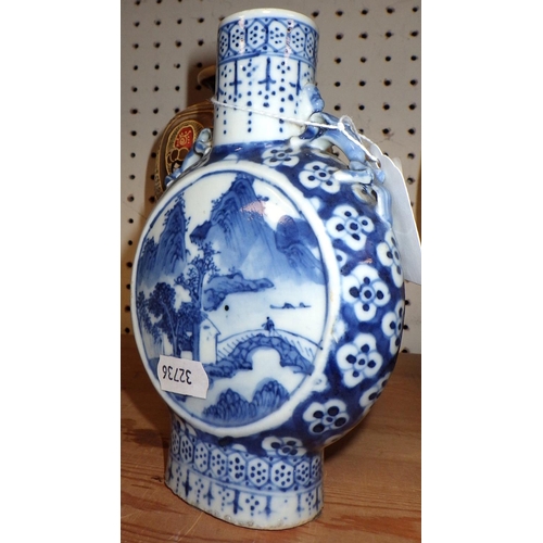 88 - An Oriental small moon flask 16cm tall together with a pair of Satsuma vases (one vase af)