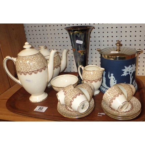 90 - A Wedgwood Jasper ware biscuit barrel, Royal Doulton part tea set and Devon lustre vase af