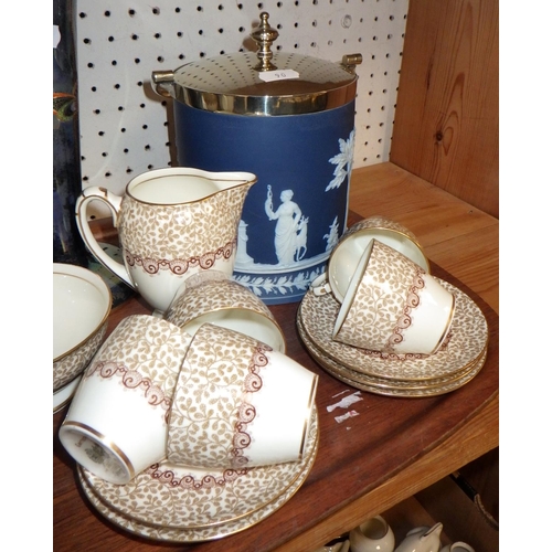 90 - A Wedgwood Jasper ware biscuit barrel, Royal Doulton part tea set and Devon lustre vase af