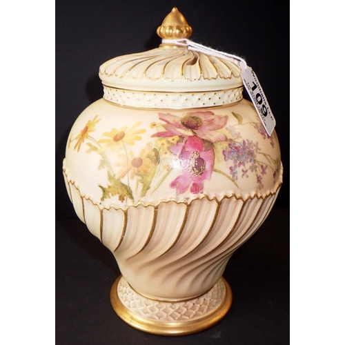 109 - A Royal Worcester pot pourri vase and cover, painted with summer flowers on a blush ivory ground, th... 