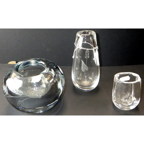 99 - A group of three small etched art glass vases