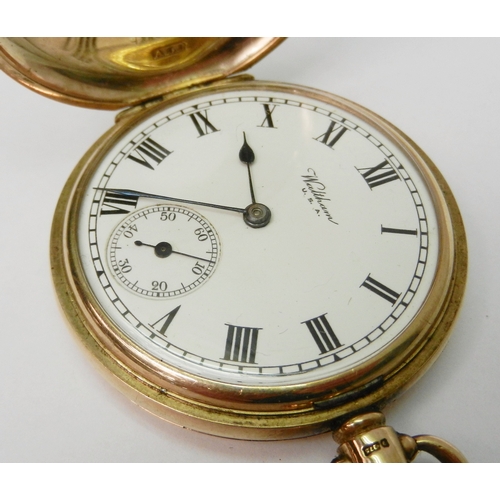 90 - A Waltham pocket watch comprising a keyless wind lever movement in a 9ct gold half hunter case.  50m... 