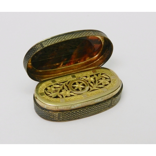 132 - A George III oval silver vinaigrette box, the sides and base engine turned, the top inlaid with an a...