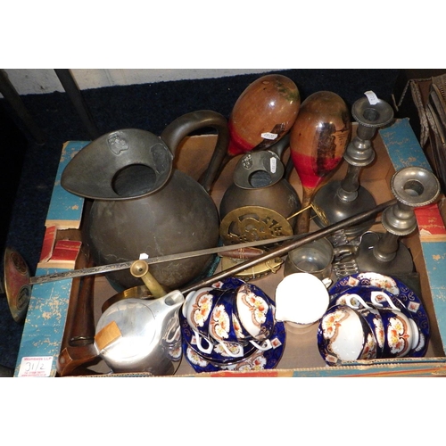 31 - Two boxes of misc collectables to inc silver plate, copper, pewter candlesticks, tea ware etc (2)