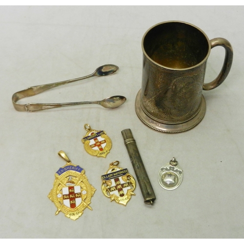 313 - A Victorian silver christening tankard, 80mm tall; sugar tongs together with three York mayoral / sh...