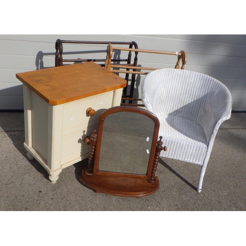 726 - A small modern two drawer chest together with a toilet mirror, wicker chair and two towel rails (5)