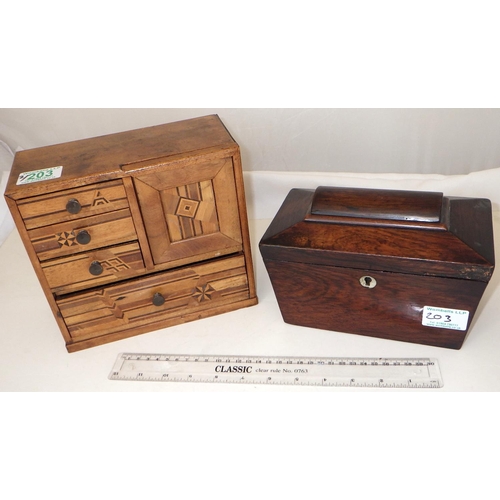 203 - A small inlaid jewellery box together with a mahogany tea caddy af (2)