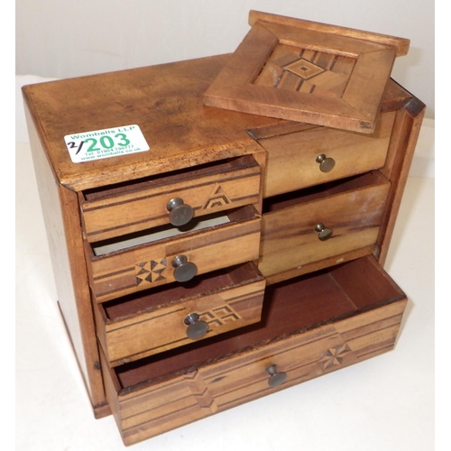 203 - A small inlaid jewellery box together with a mahogany tea caddy af (2)