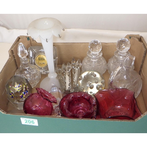 206 - A qty of misc glass ware to include cranberry, pair cut glass perfume bottles etc