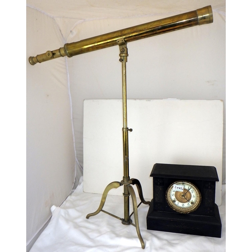 208 - A brass telescope on stand together with a slate mantle clock (2)