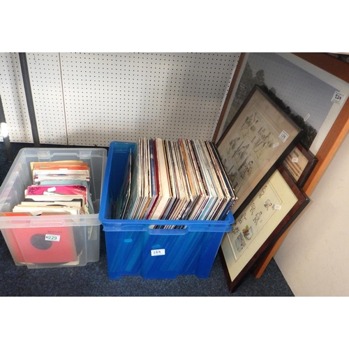 229 - A qty of misc LPs & singles together with three cricket prints and one golf print