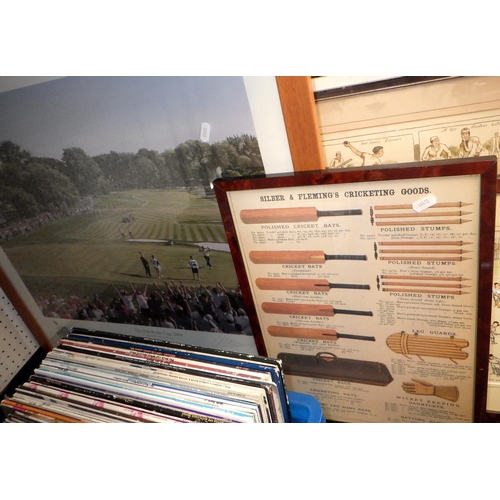 229 - A qty of misc LPs & singles together with three cricket prints and one golf print