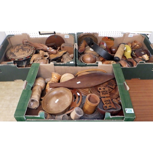 238 - Three boxes of various wooden wares, carvings etc (3)