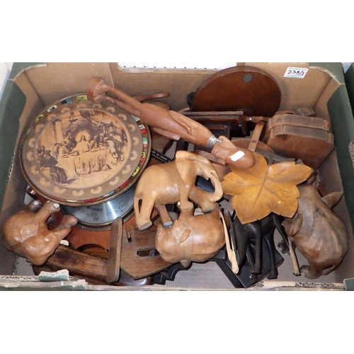 238 - Three boxes of various wooden wares, carvings etc (3)