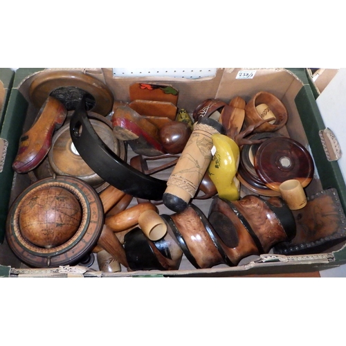 238 - Three boxes of various wooden wares, carvings etc (3)