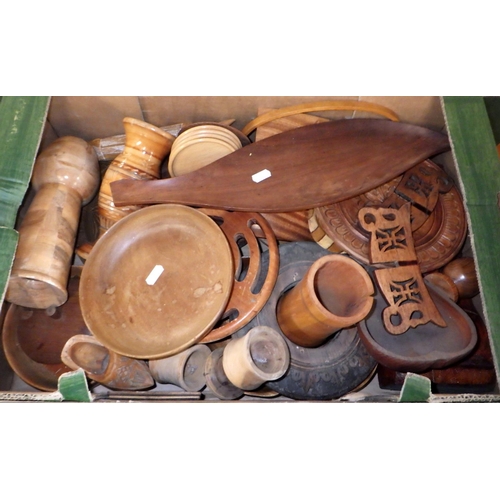 238 - Three boxes of various wooden wares, carvings etc (3)