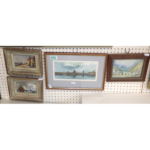 254 - Two small paintings of boats J Billard ? together with a watercolour and a print  (4)