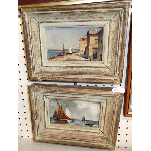 254 - Two small paintings of boats J Billard ? together with a watercolour and a print  (4)